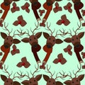Cute festive pattern with a New Year`s deer in a beautiful knitted scarf with berries and leaves.